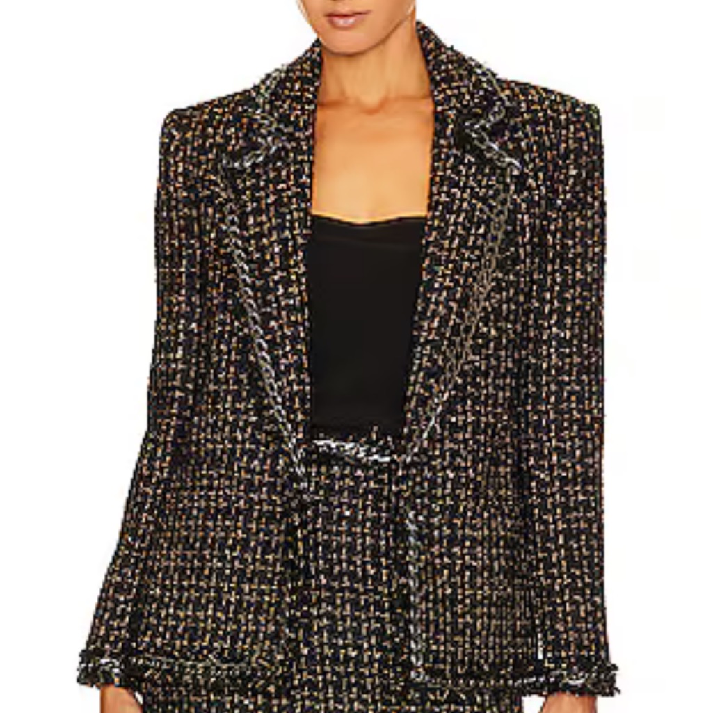 Nwt Alice + Olivia Black And Gold Tweed Blazer With Chain Trim